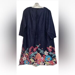 Talbots Women’s XL Linen Shift Dress Navy W Floral Base Casual Travel Vibrant